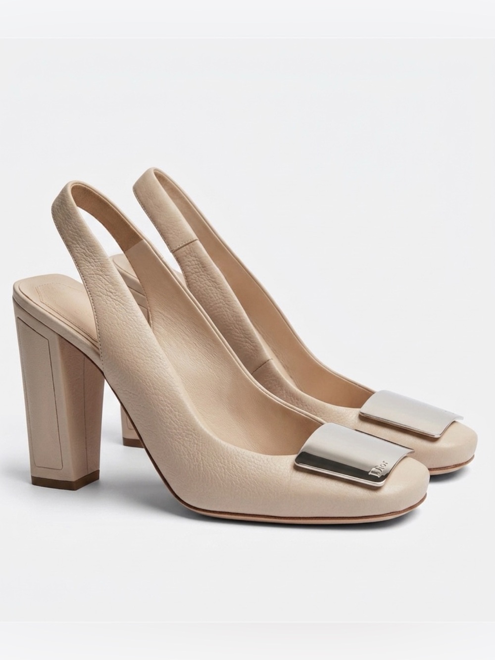 Dior leather slingbacks, block heels, branded metal plate&accents, cream, 37.5 - Picture 2 of 12